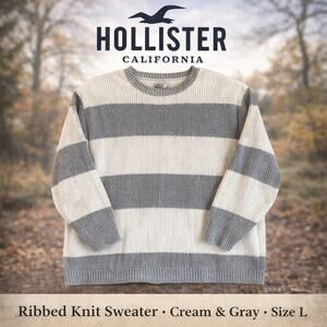 Hollister Cream Gray Striped Ribbed Knit Sweater Size L Colorblock